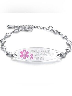 Lymphedema Medical Alert Bracelet with Pink Ribbon - Silver-tone Size 8.25"
